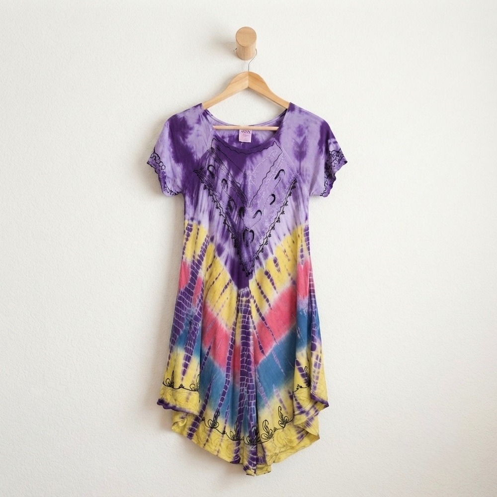 ASHA Tie Dye Embroidered Boho Tunic Dress Hippie Festival Rayon One Size Summer